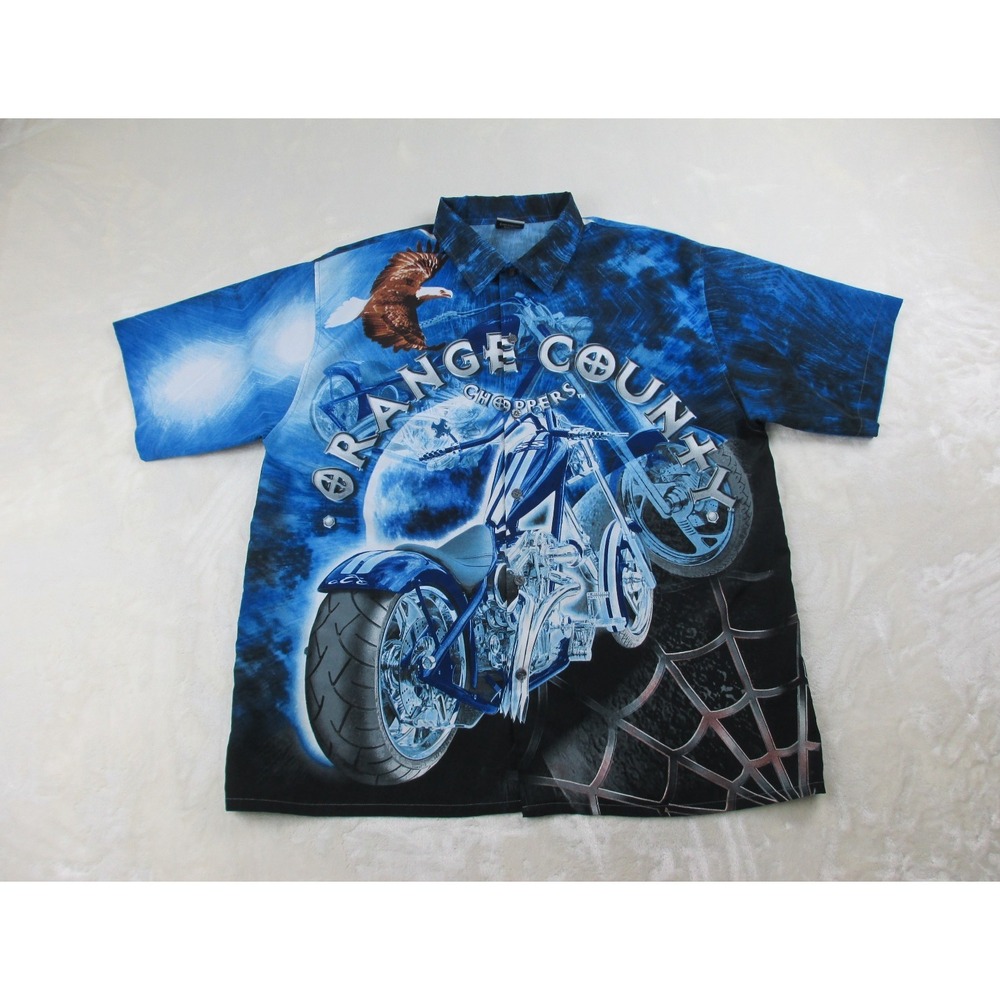 VINTAGE Orange County Choppers Shirt Mens 2XL XXL Blue All Over Print Button Up*